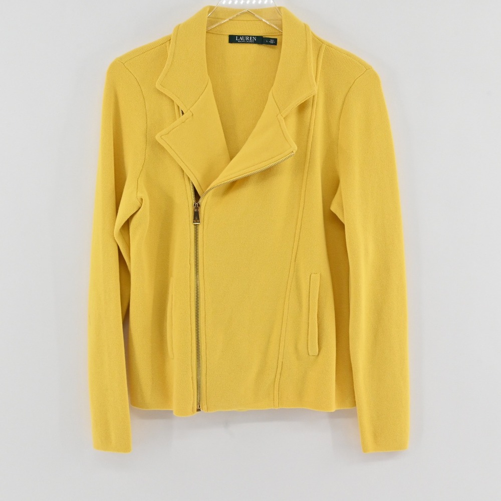 Lauren Ralph Lauren Knit Moto Jacket Womens Size L Yellow Asymmetric Zip Cotton